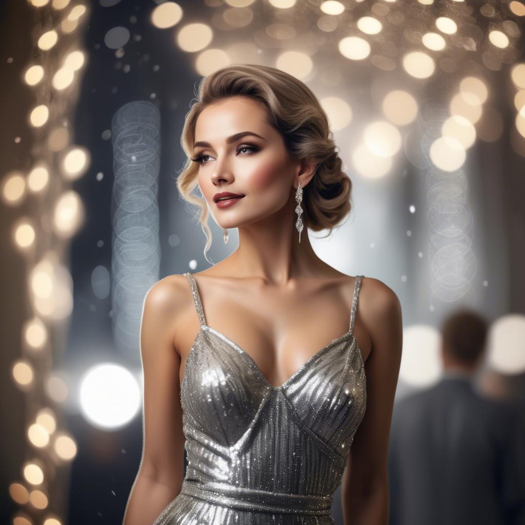 A stunning image of glamorous woman in a silver gown under sparkling lights.