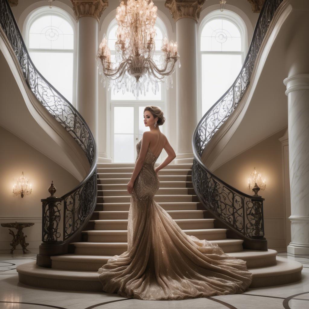 A stunning image of glamorous woman on a grand staircase with chandeliers.