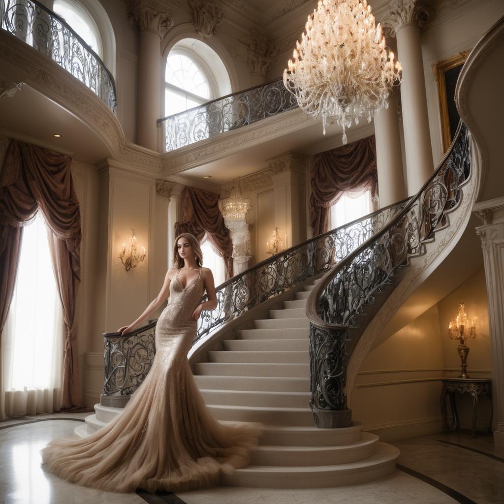 A stunning image of glamorous woman on a grand staircase with chandeliers.