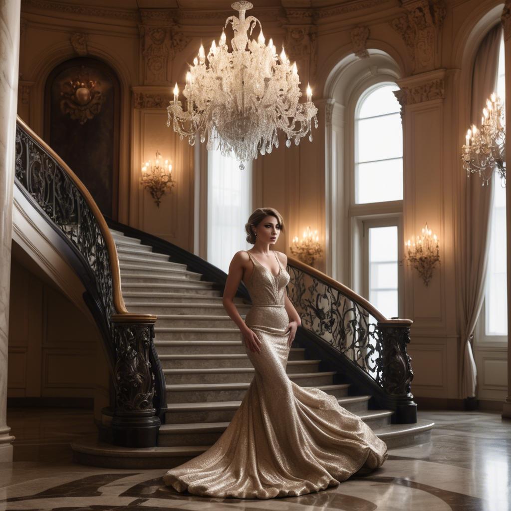 A stunning image of glamorous woman on a grand staircase with chandeliers.