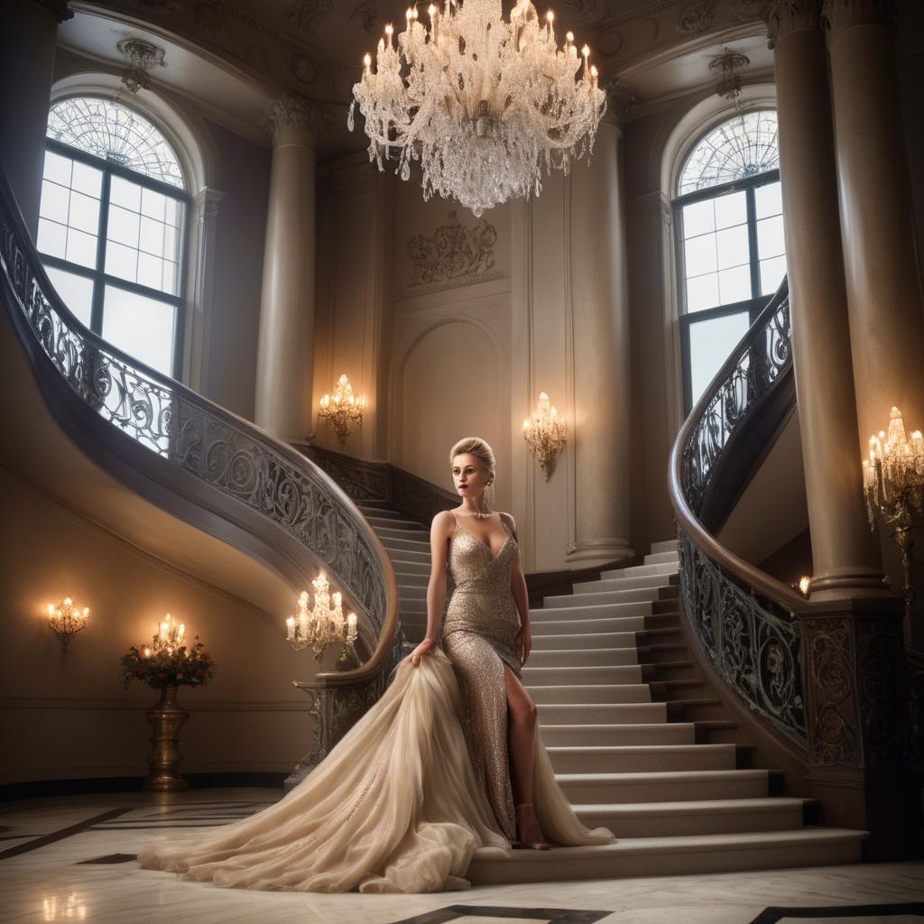 A stunning image of glamorous woman on a grand staircase with chandeliers.