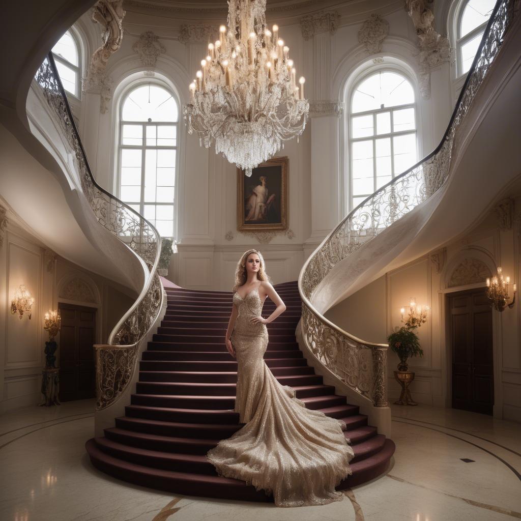 A stunning image of glamorous woman on a grand staircase with chandeliers.