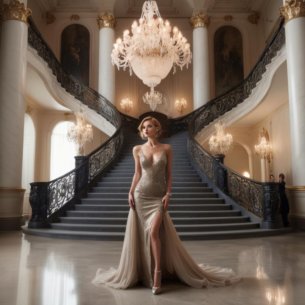 A stunning image of glamorous woman on a grand staircase with chandeliers.