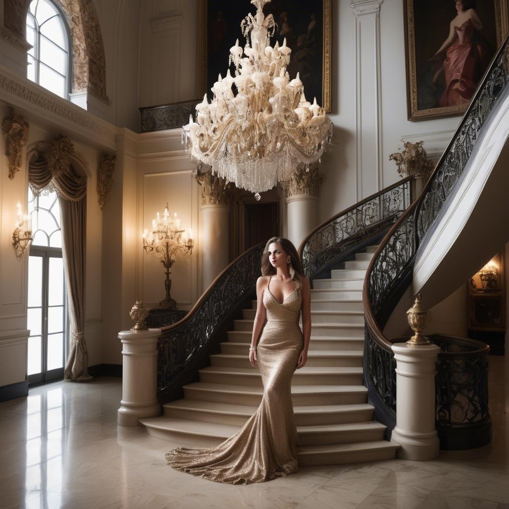 A stunning image of glamorous woman on a grand staircase with chandeliers.