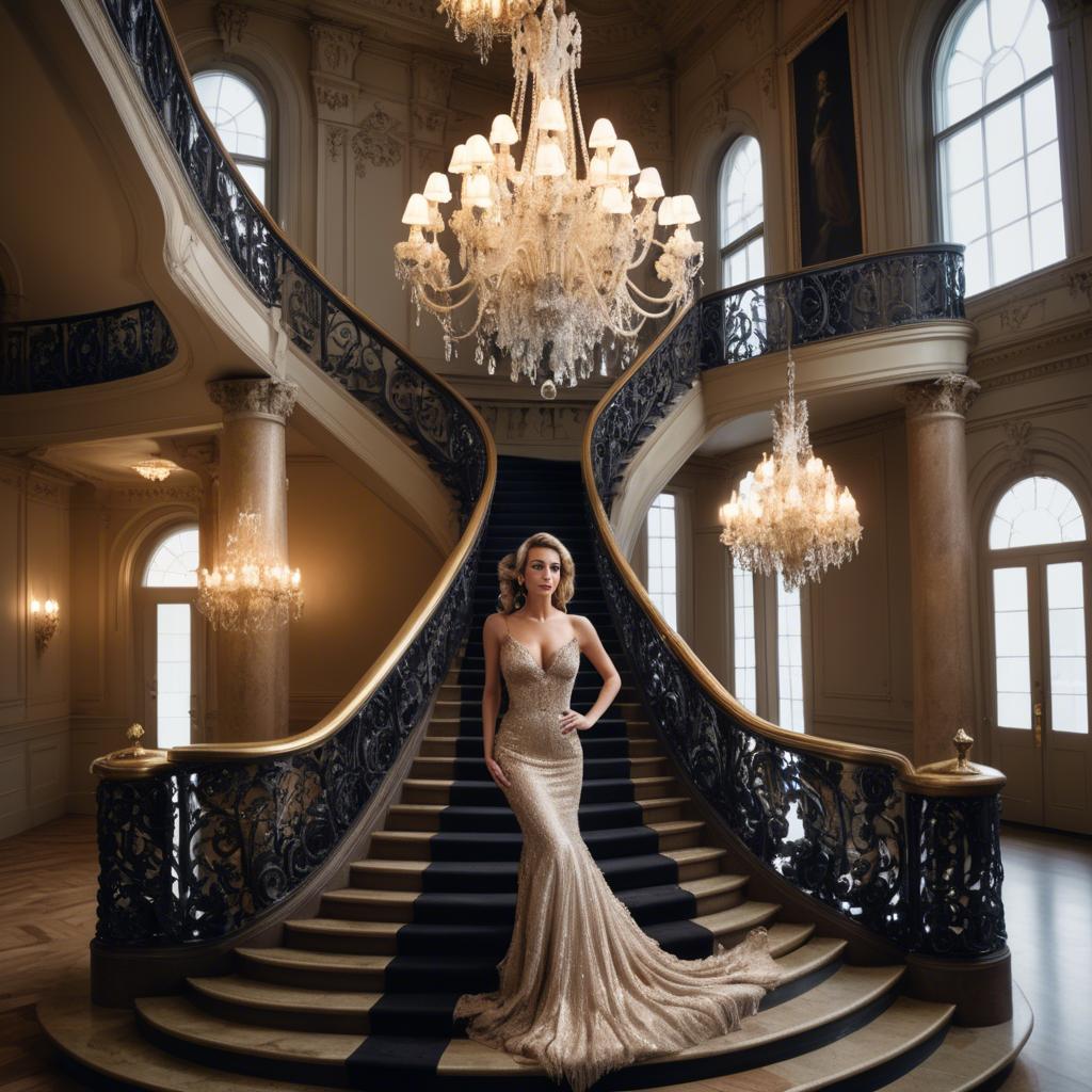 A stunning image of glamorous woman on a grand staircase with chandeliers.
