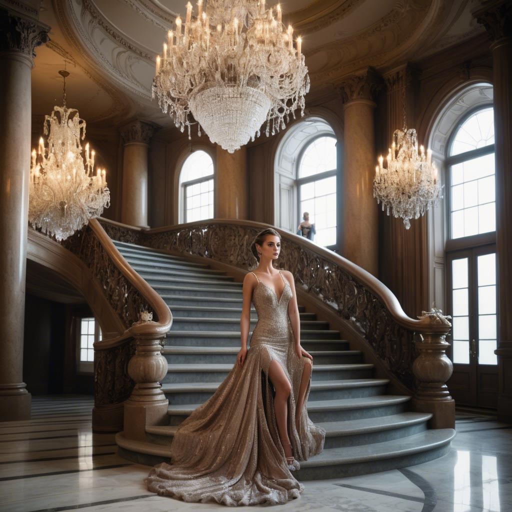 A stunning image of glamorous woman on a grand staircase with chandeliers.