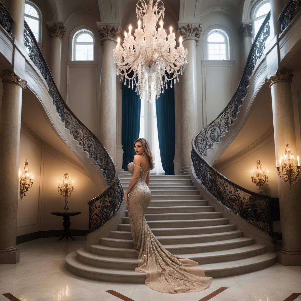 A stunning image of glamorous woman on a grand staircase with chandeliers.
