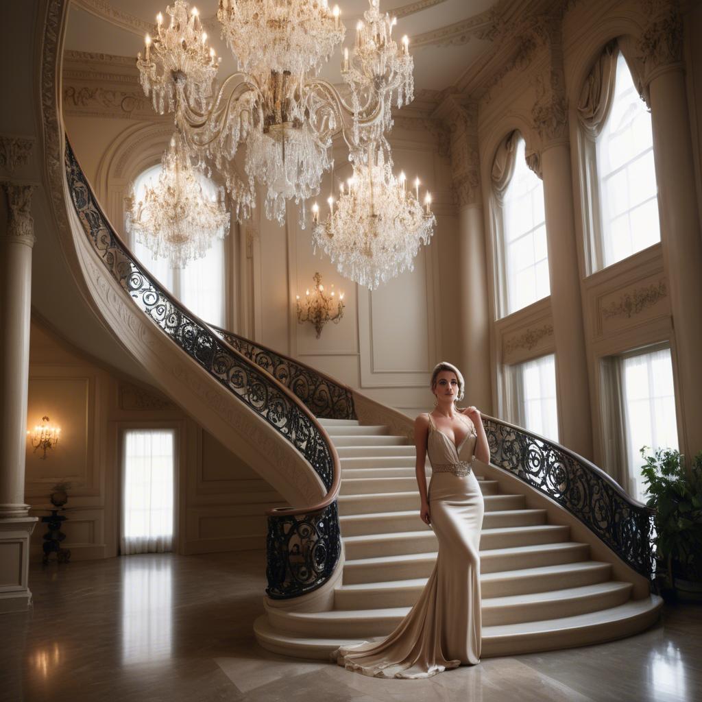 A stunning image of glamorous woman on a grand staircase with chandeliers.