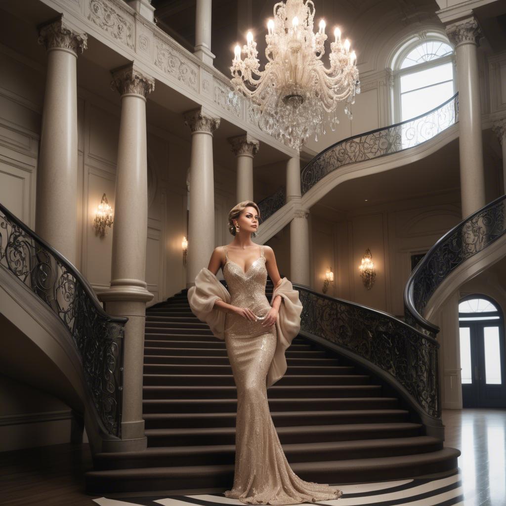 A stunning image of glamorous woman on a grand staircase with chandeliers.