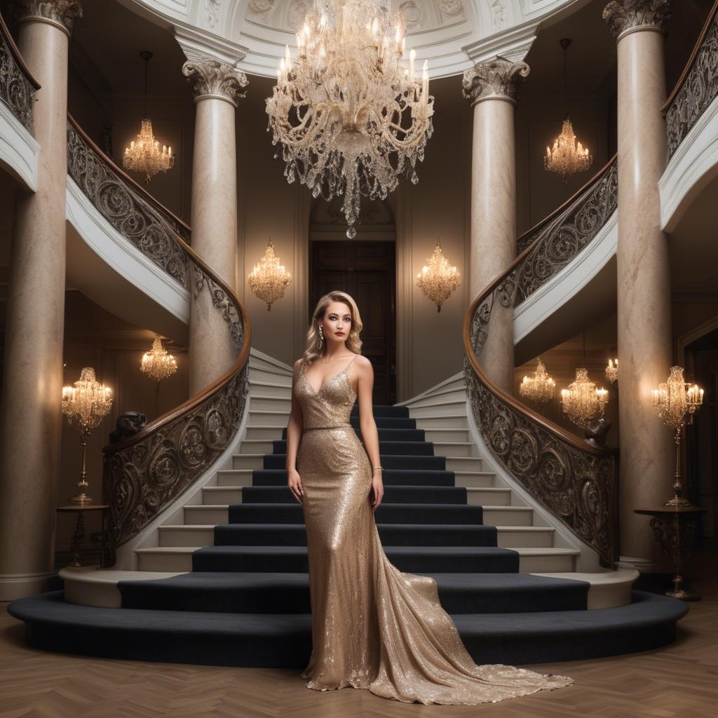 A stunning image of glamorous woman on a grand staircase with chandeliers.
