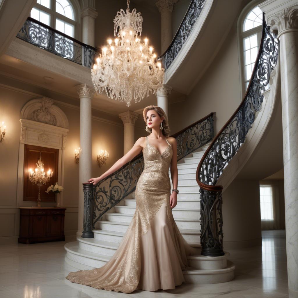 A stunning image of glamorous woman on a grand staircase with chandeliers.