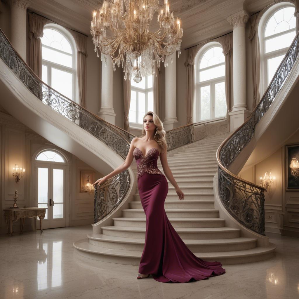 A stunning image of glamorous woman on a grand staircase with chandeliers.