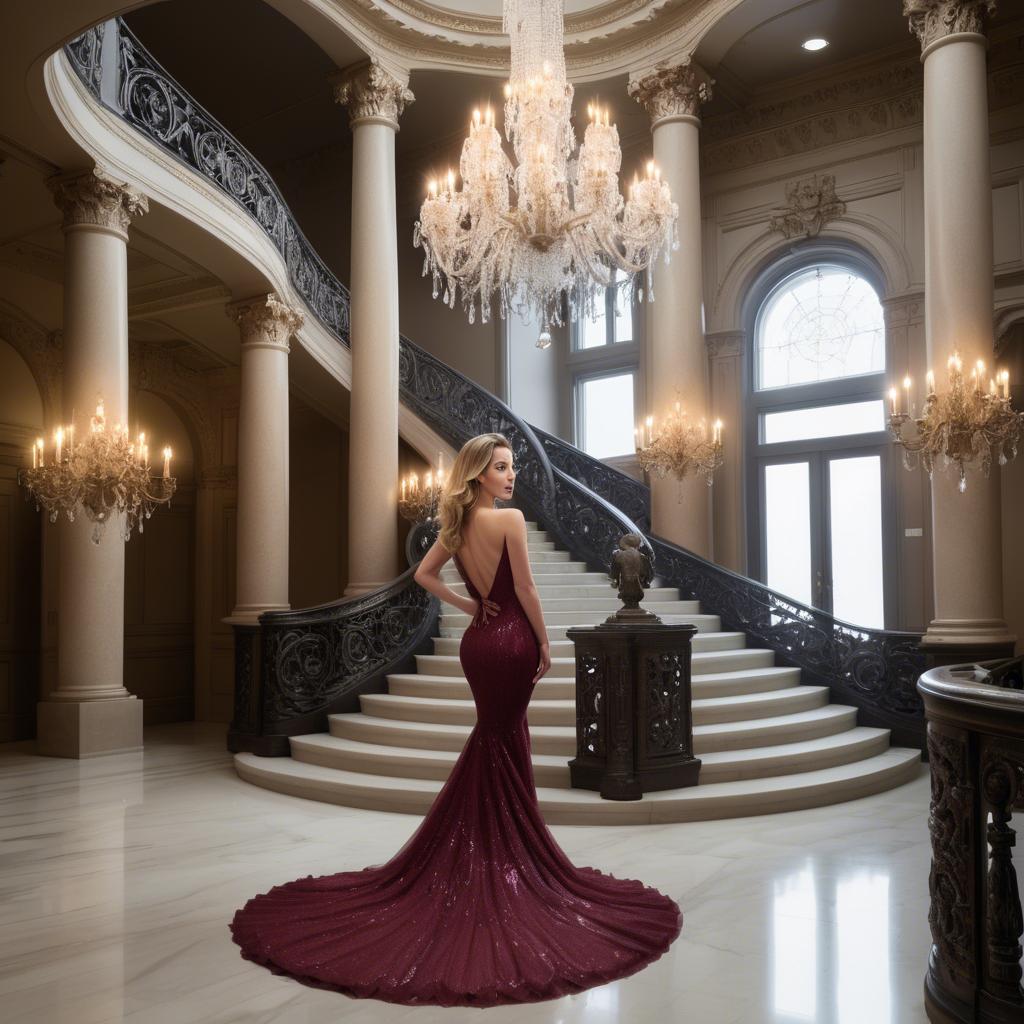 A stunning image of glamorous woman on a grand staircase with chandeliers.