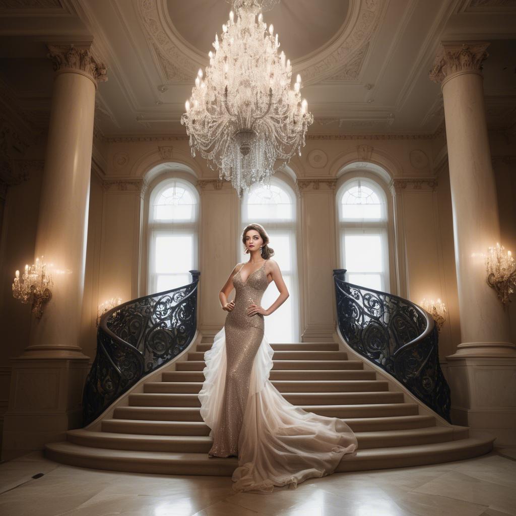 A stunning image of glamorous woman on a grand staircase with chandeliers.