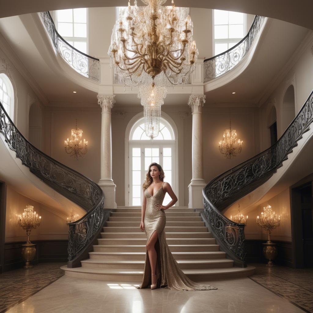 A stunning image of glamorous woman on a grand staircase with chandeliers.