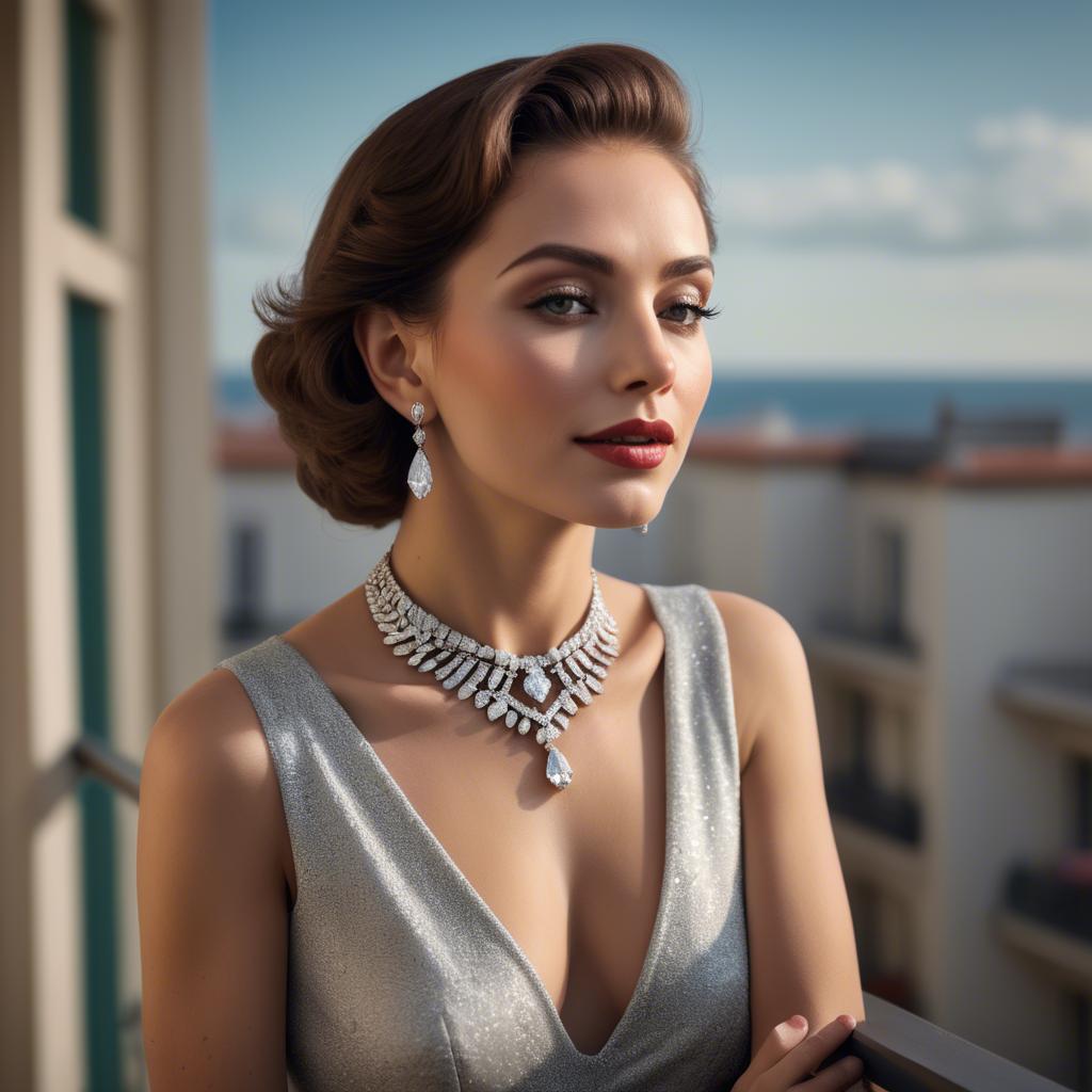 A stunning image of glamorous woman with a diamond necklace on a balcony.