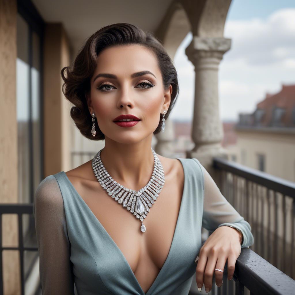 A stunning image of glamorous woman with a diamond necklace on a balcony.