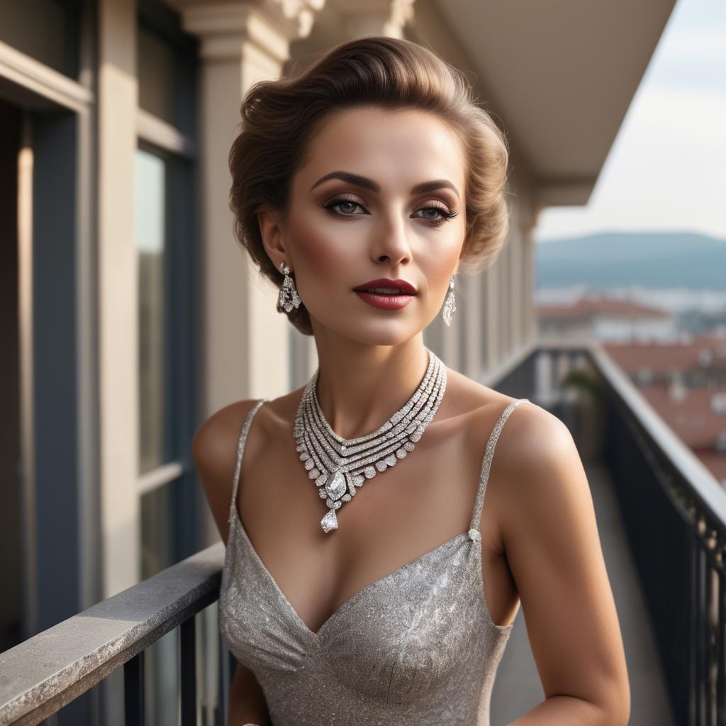 A stunning image of glamorous woman with a diamond necklace on a balcony.