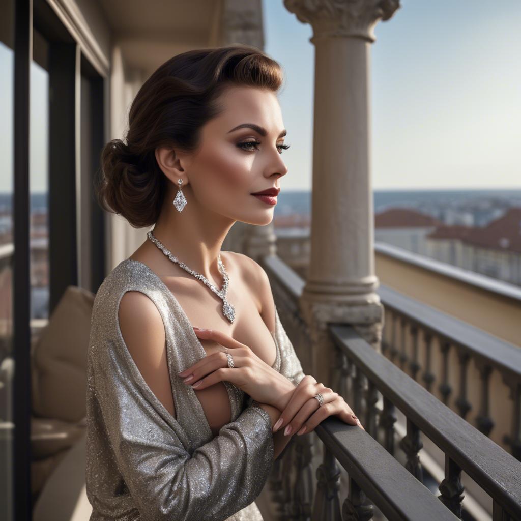 A stunning image of glamorous woman with a diamond necklace on a balcony.