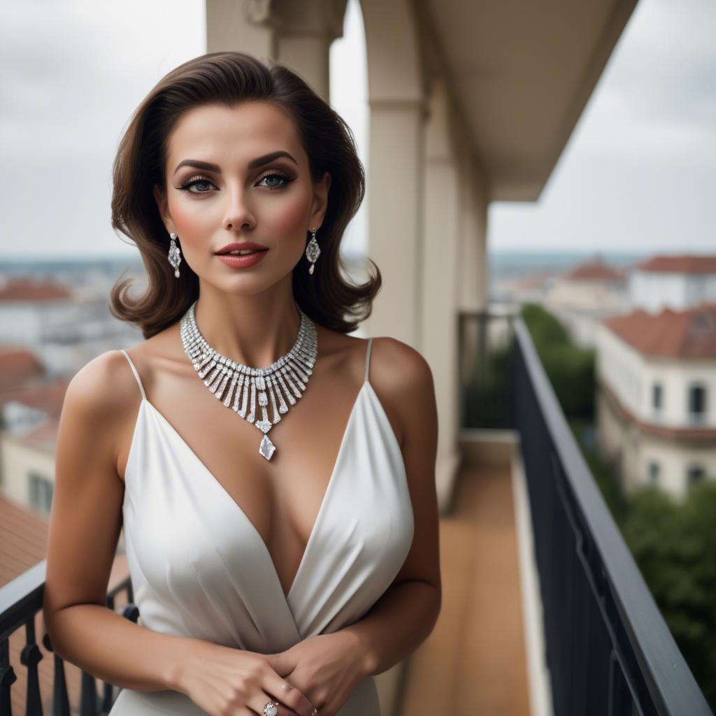 A stunning image of glamorous woman with a diamond necklace on a balcony.