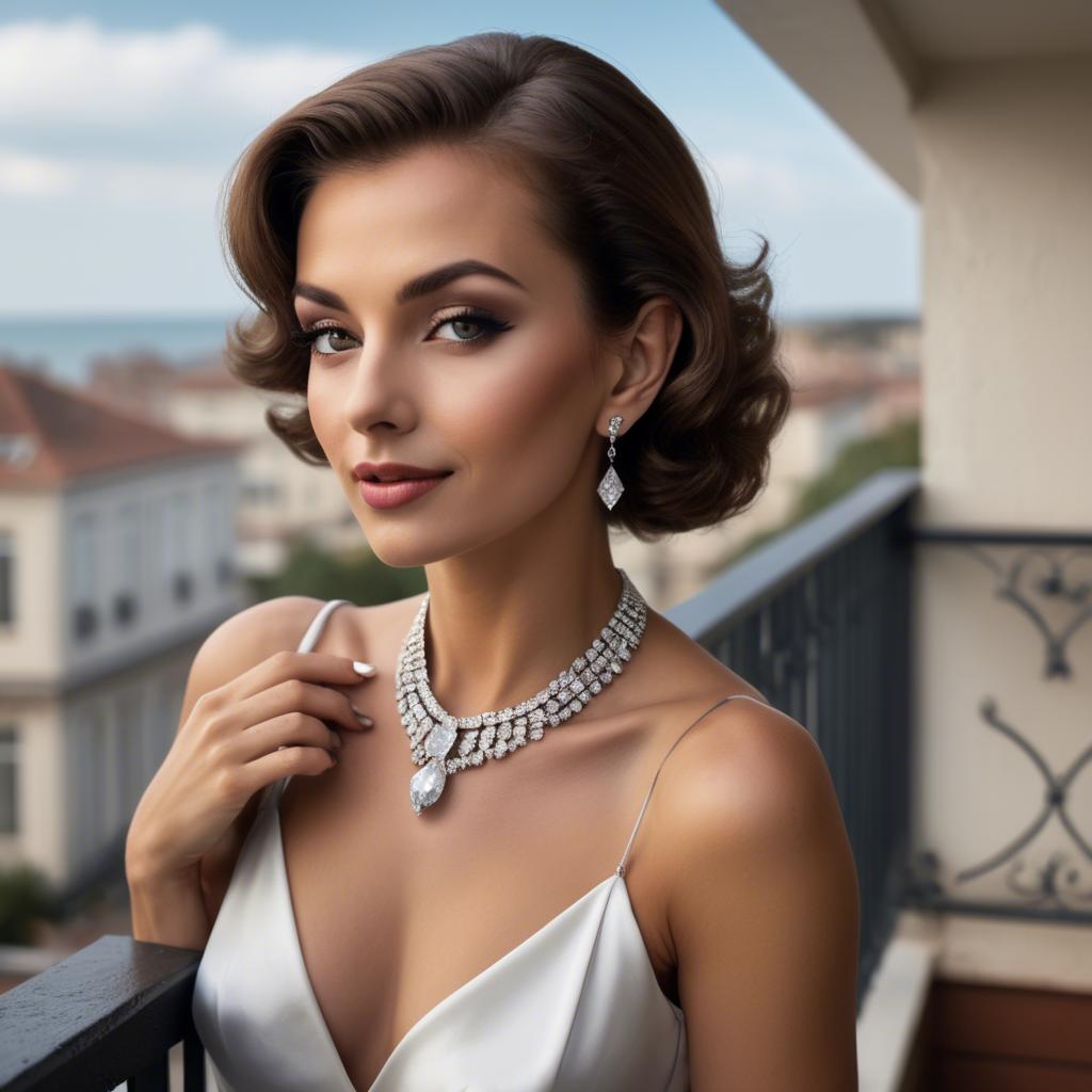A stunning image of glamorous woman with a diamond necklace on a balcony.