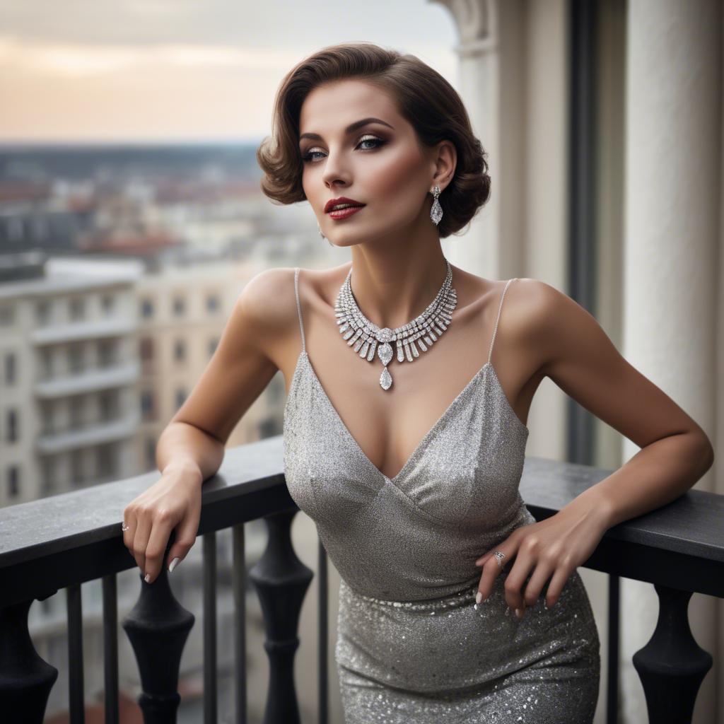 A stunning image of glamorous woman with a diamond necklace on a balcony.