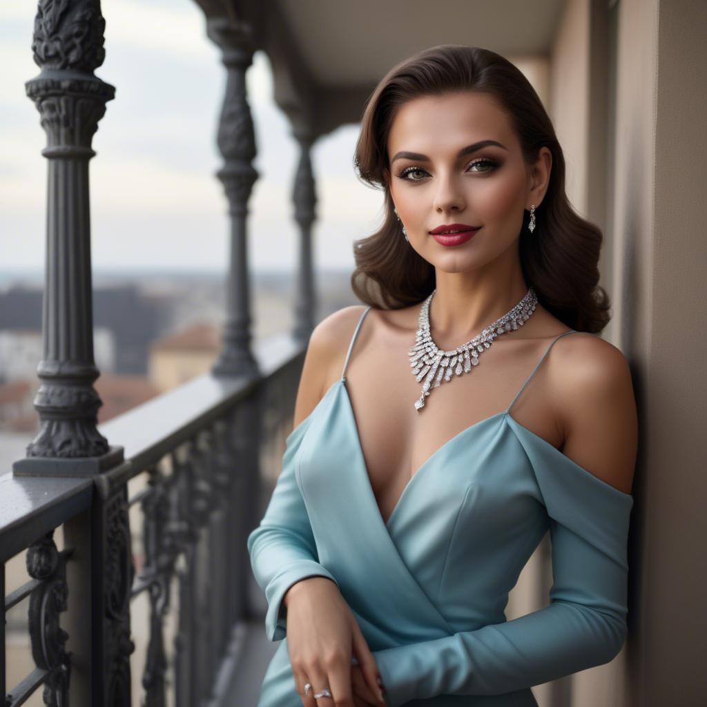 A stunning image of glamorous woman with a diamond necklace on a balcony.