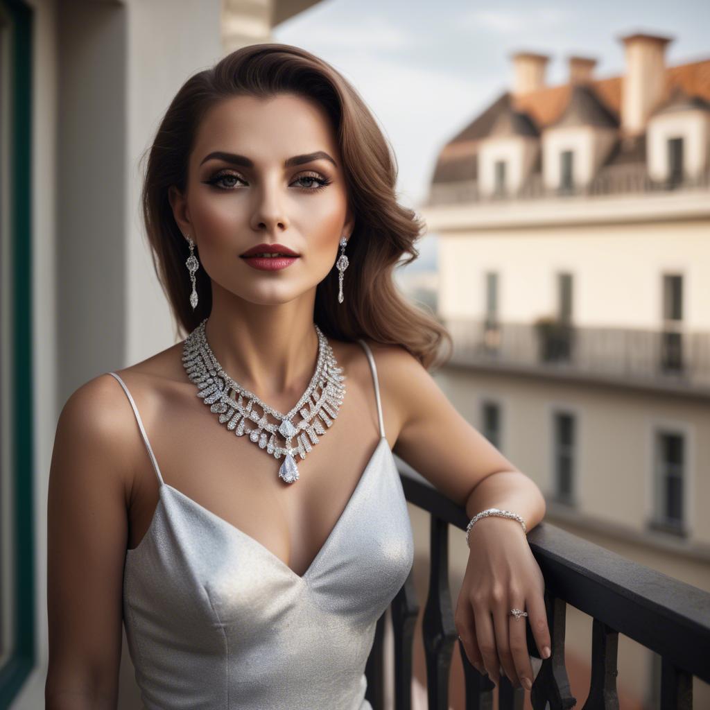 A stunning image of glamorous woman with a diamond necklace on a balcony.