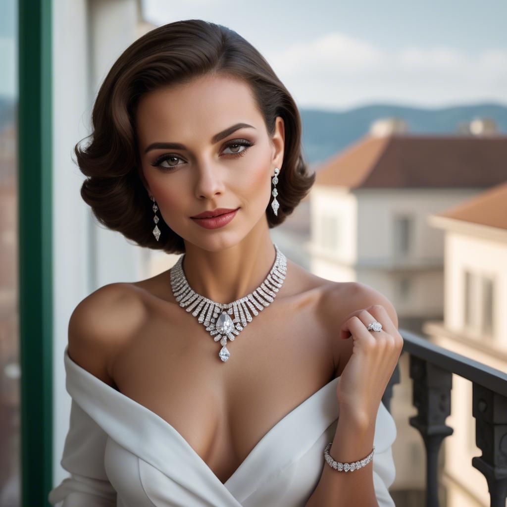 A stunning image of glamorous woman with a diamond necklace on a balcony.