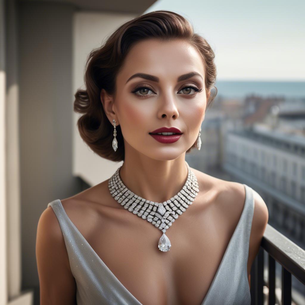 A stunning image of glamorous woman with a diamond necklace on a balcony.