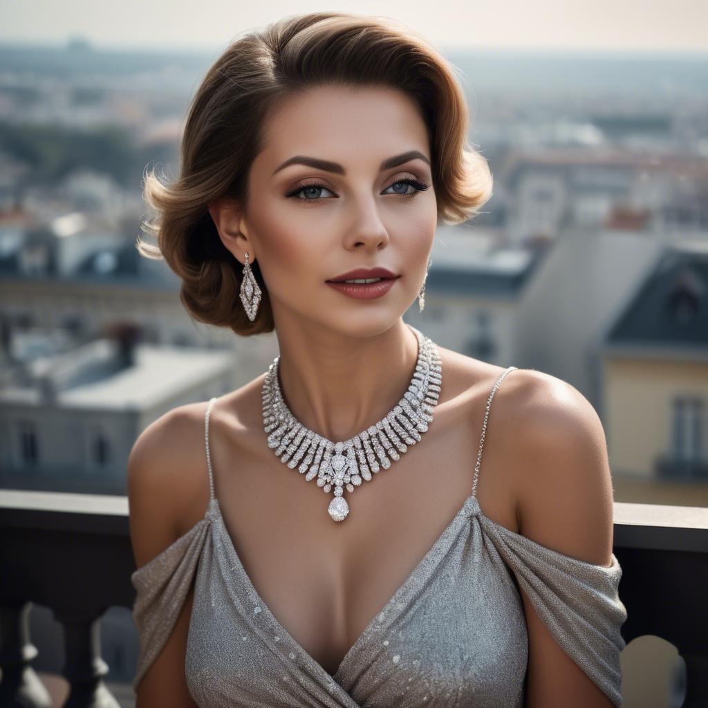 A stunning image of glamorous woman with a diamond necklace on a balcony.