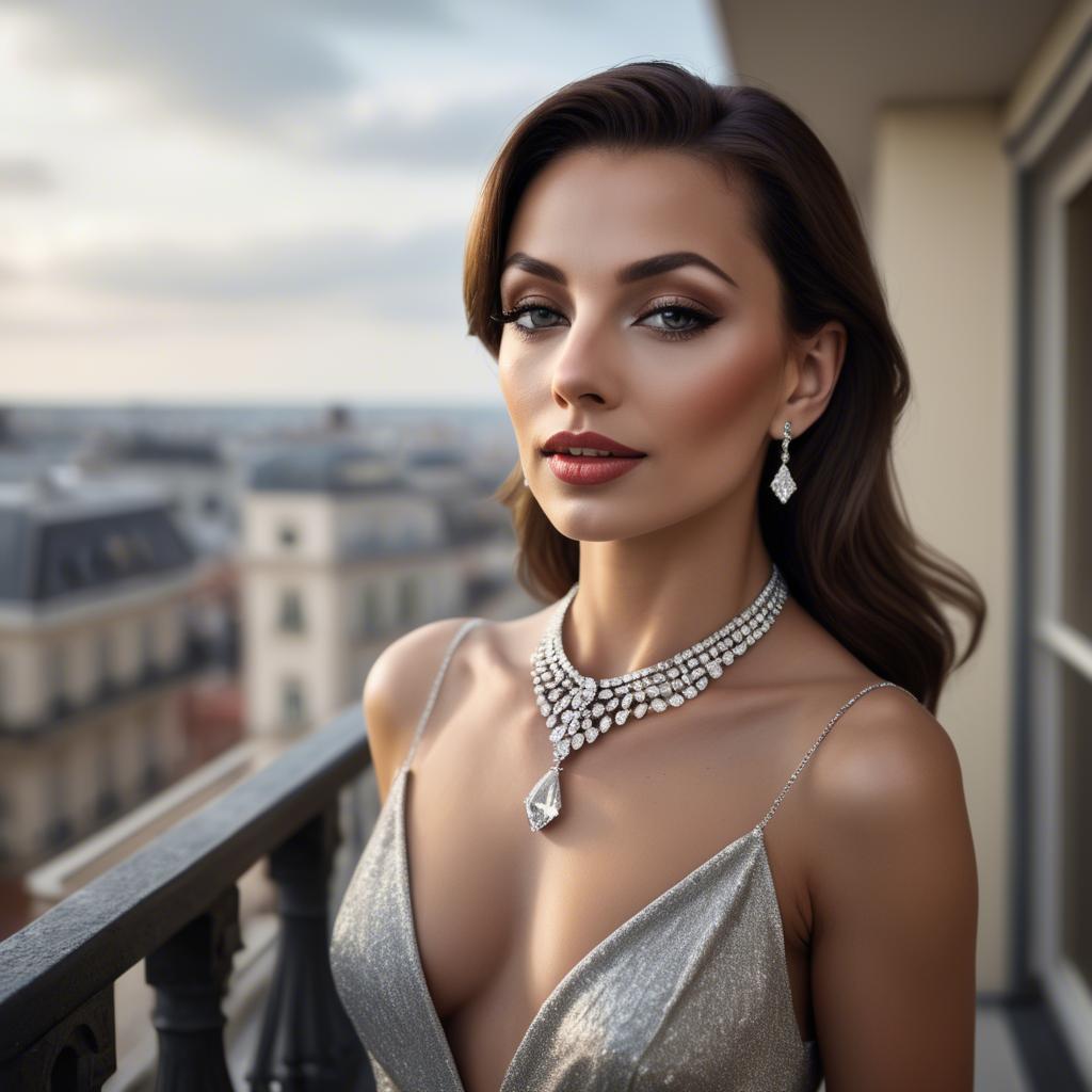 A stunning image of glamorous woman with a diamond necklace on a balcony.