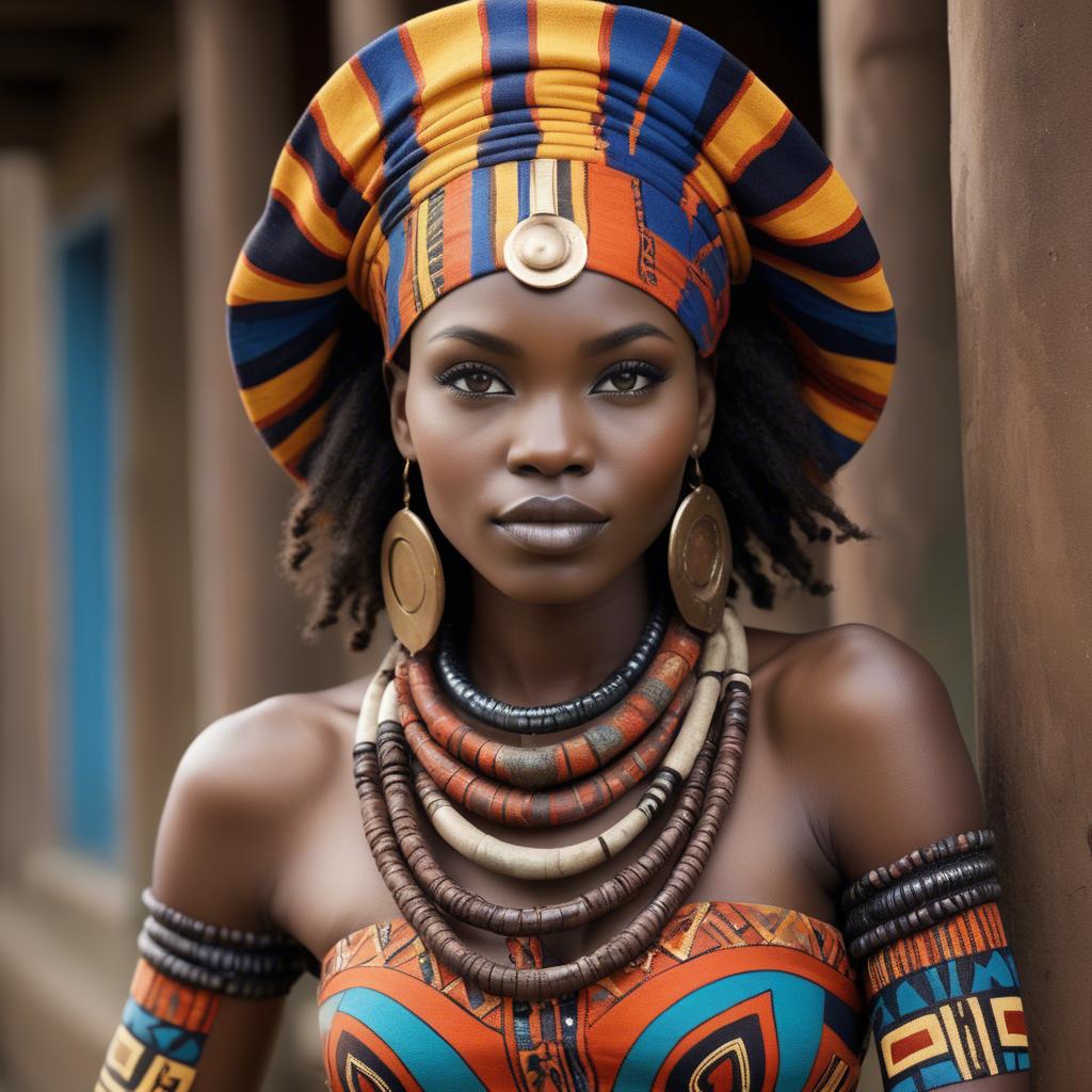 A stunning image of gorgeous african model in colorful tribal patterns.