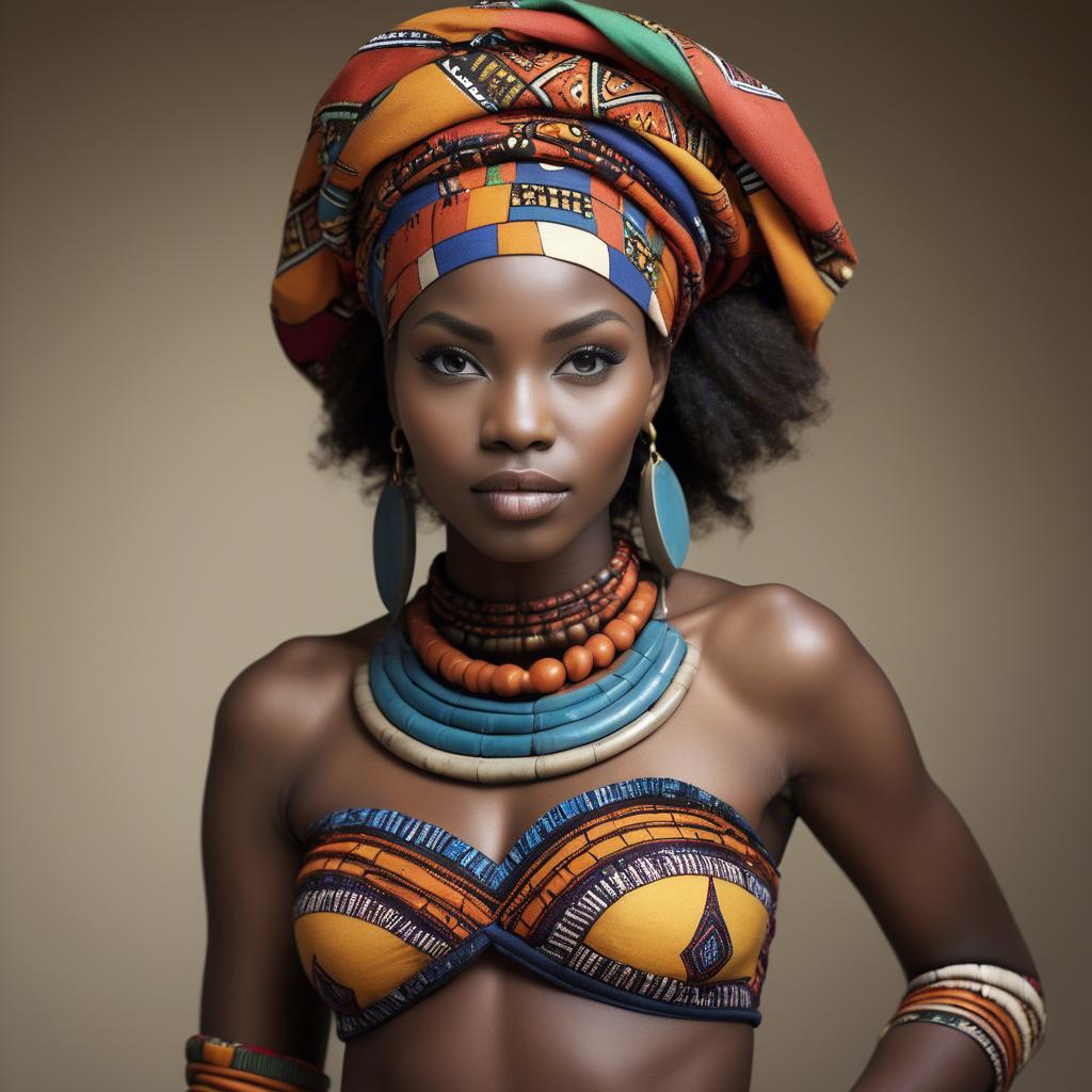 A stunning image of gorgeous african model in colorful tribal patterns.