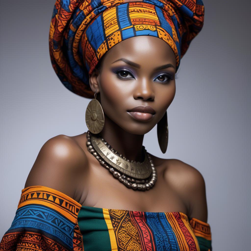A stunning image of gorgeous african model in colorful tribal patterns.