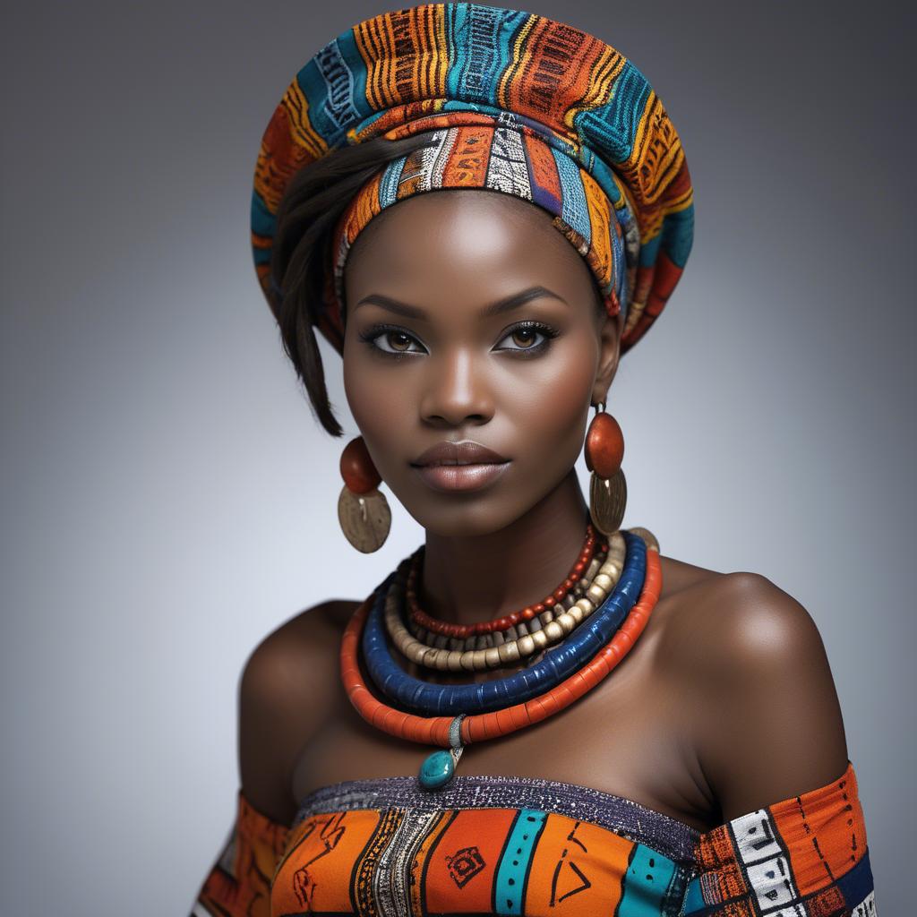 A stunning image of gorgeous african model in colorful tribal patterns.