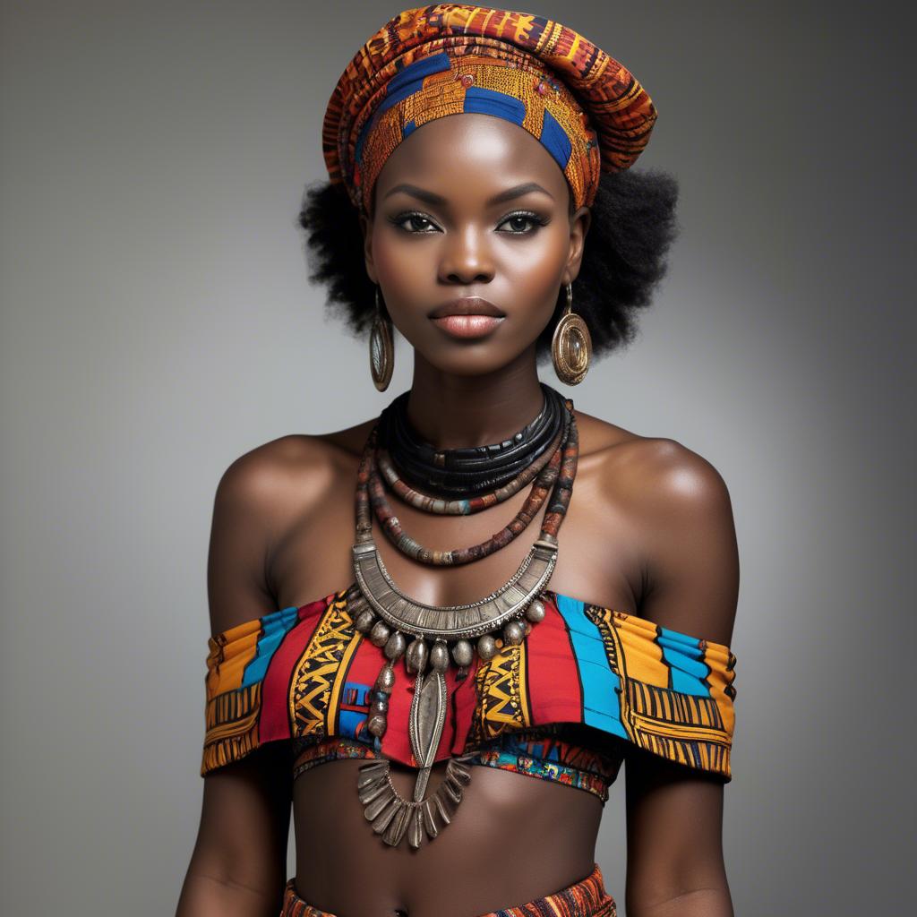 A stunning image of gorgeous african model in colorful tribal patterns.