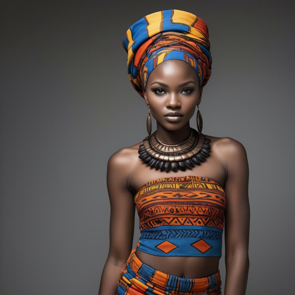 A stunning image of gorgeous african model in colorful tribal patterns.