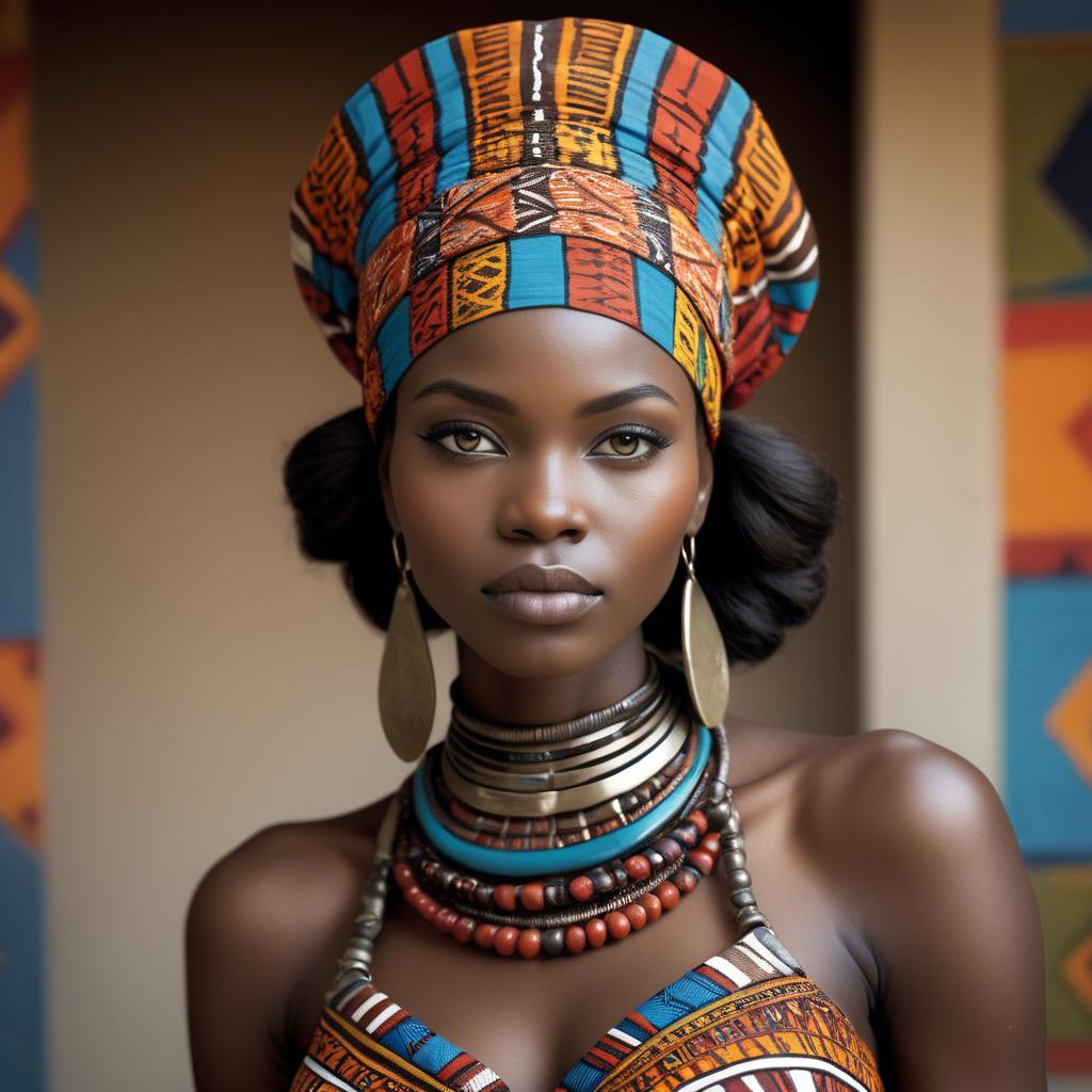 A stunning image of gorgeous african model in colorful tribal patterns.
