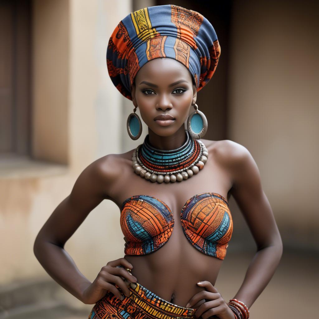 A stunning image of gorgeous african model in colorful tribal patterns.