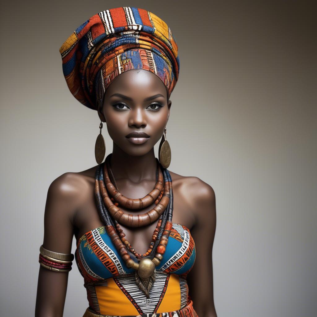 A stunning image of gorgeous african model in colorful tribal patterns.