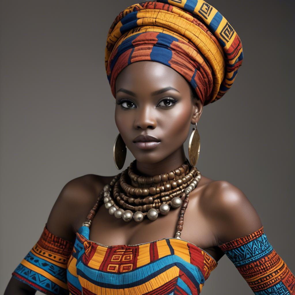 A stunning image of gorgeous african model in colorful tribal patterns.