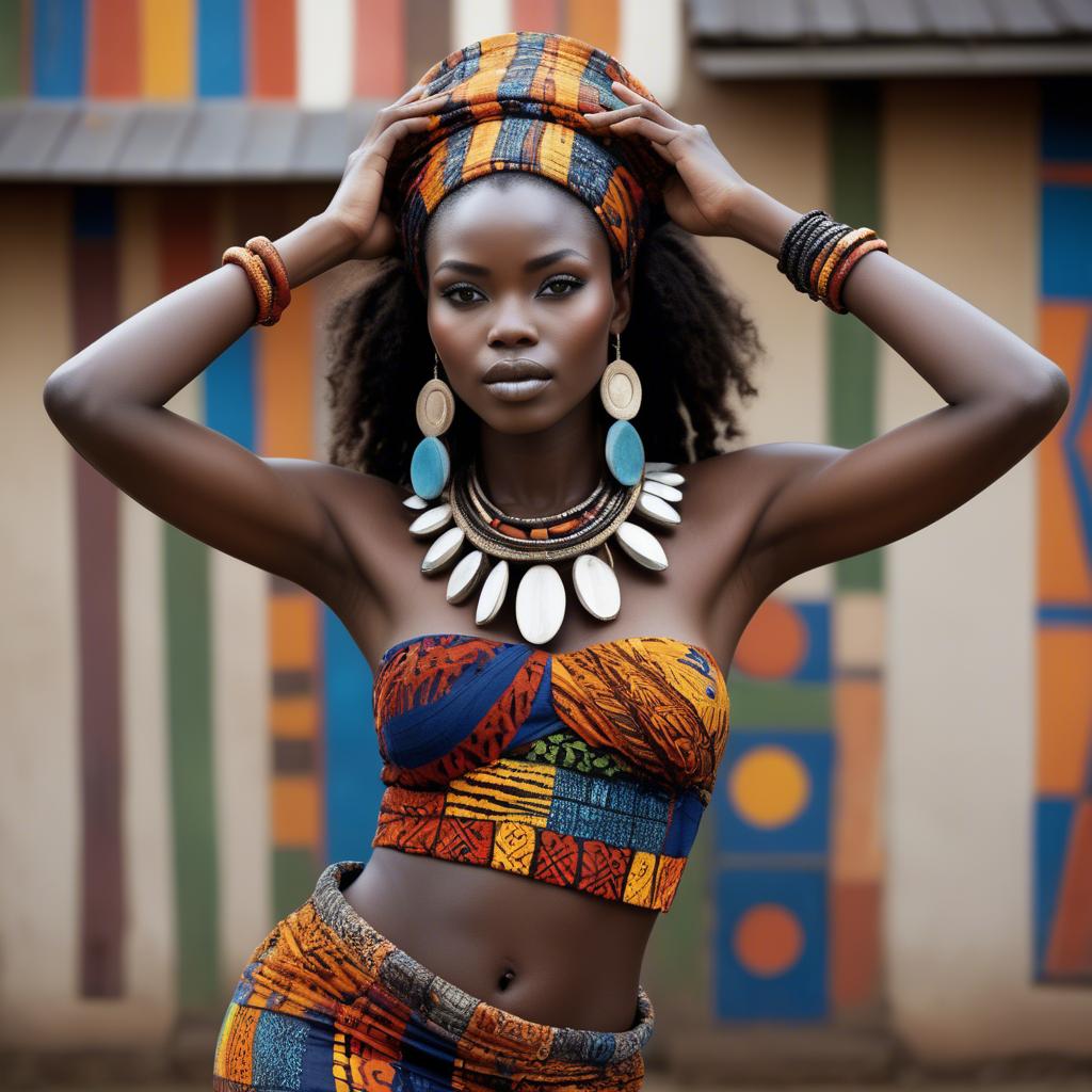 A stunning image of gorgeous african model in colorful tribal patterns.