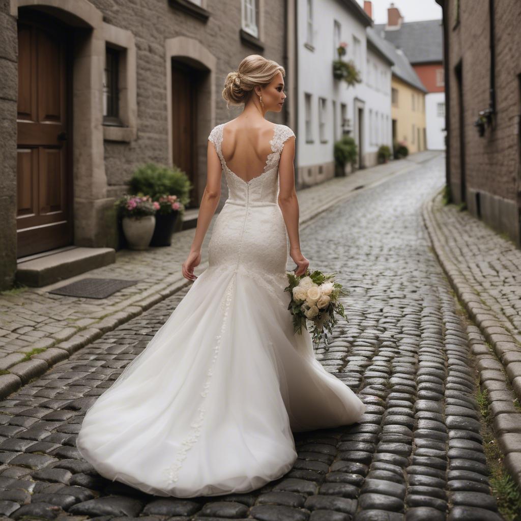 A stunning image of gorgeous bride walking down a cobblestone street.
