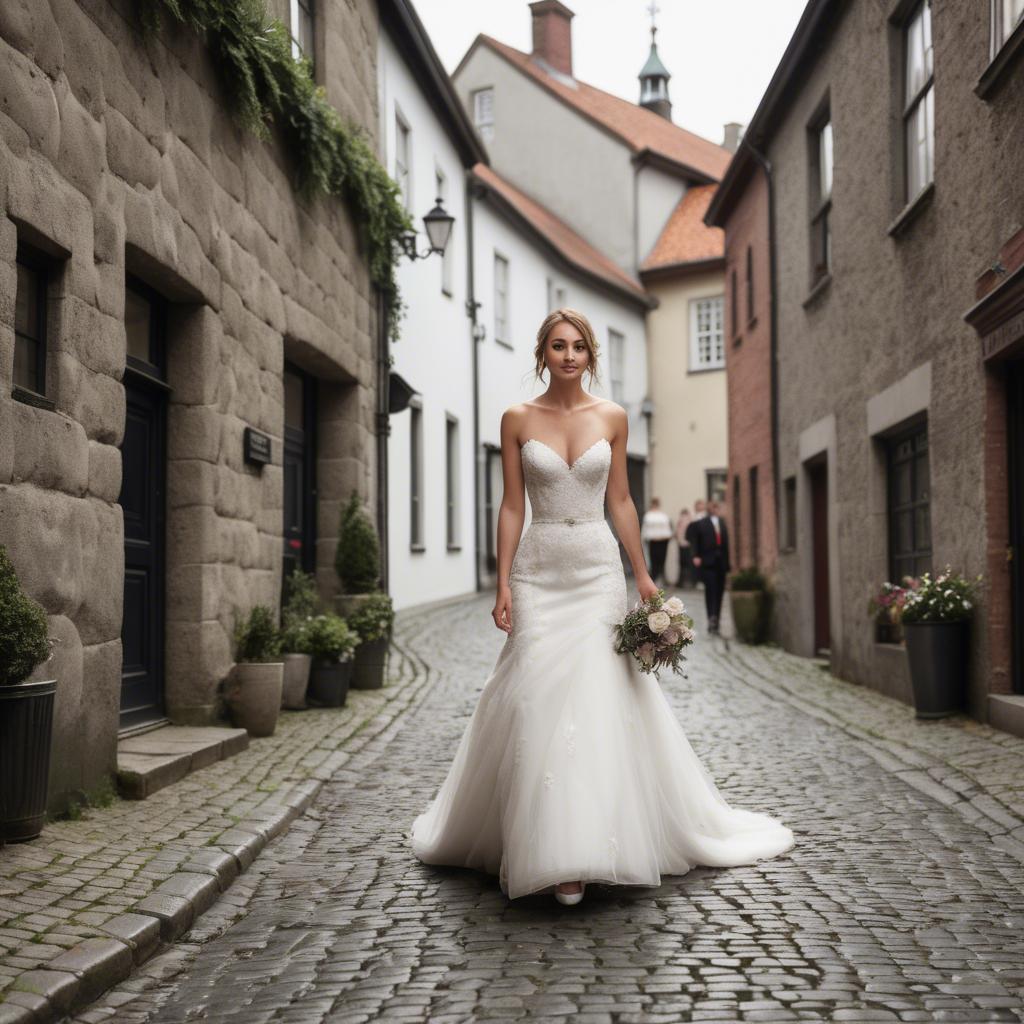 A stunning image of gorgeous bride walking down a cobblestone street.