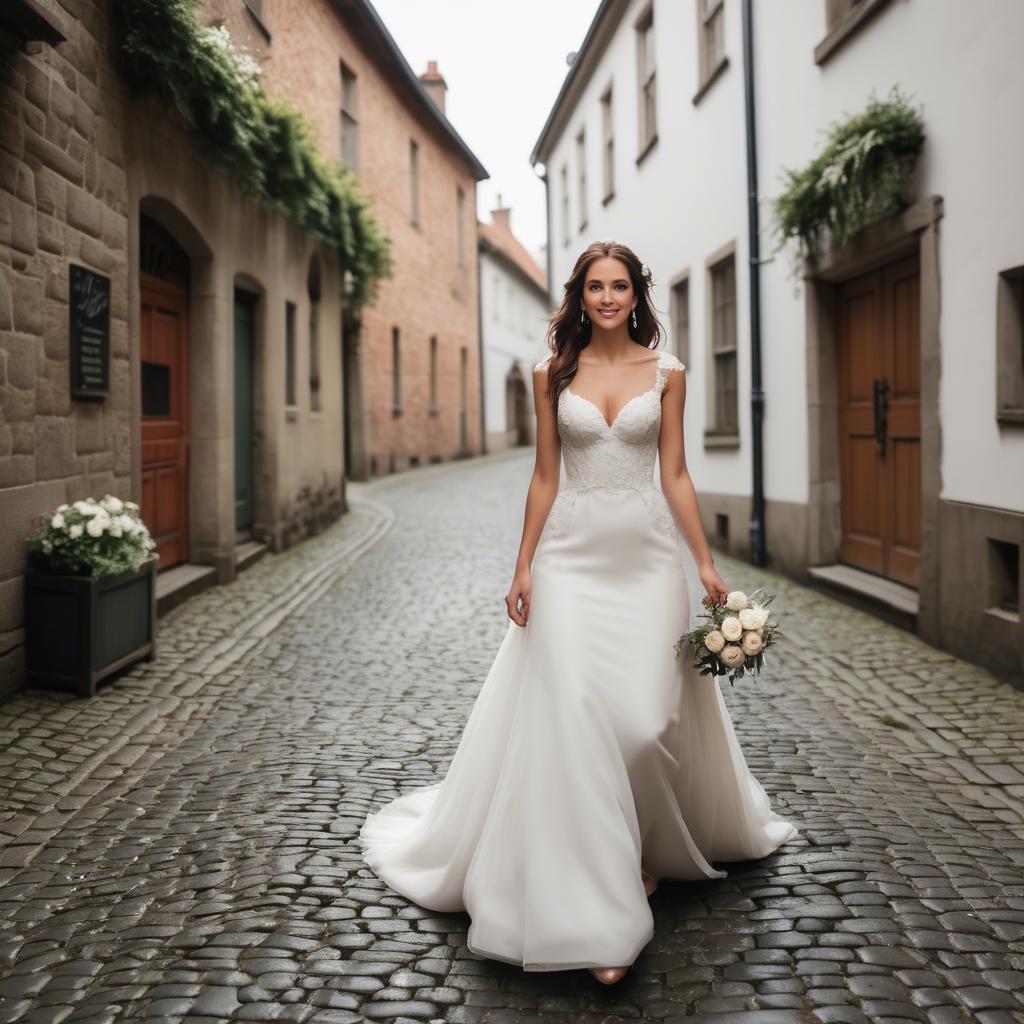 A stunning image of gorgeous bride walking down a cobblestone street.