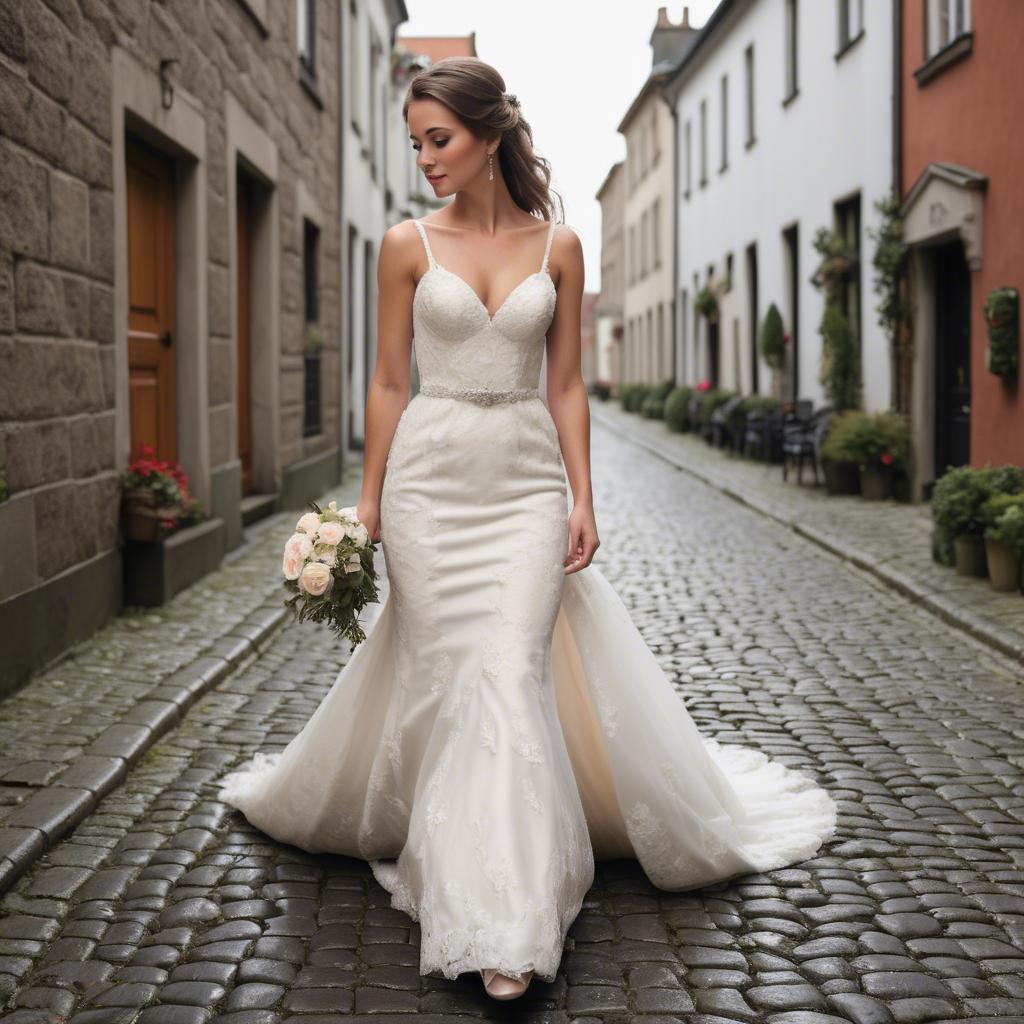 A stunning image of gorgeous bride walking down a cobblestone street.