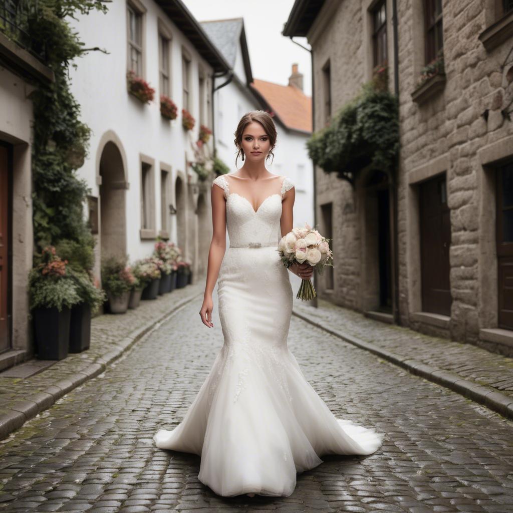 A stunning image of gorgeous bride walking down a cobblestone street.
