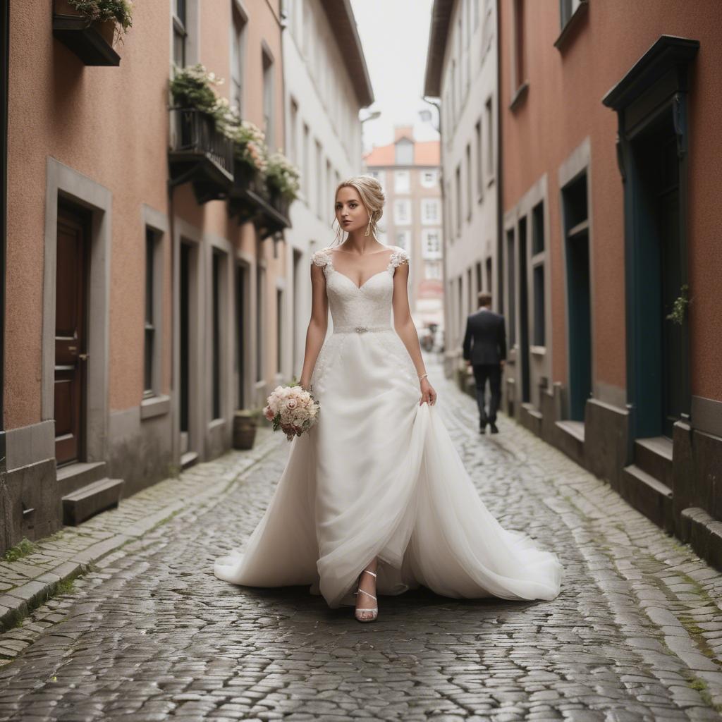 A stunning image of gorgeous bride walking down a cobblestone street.