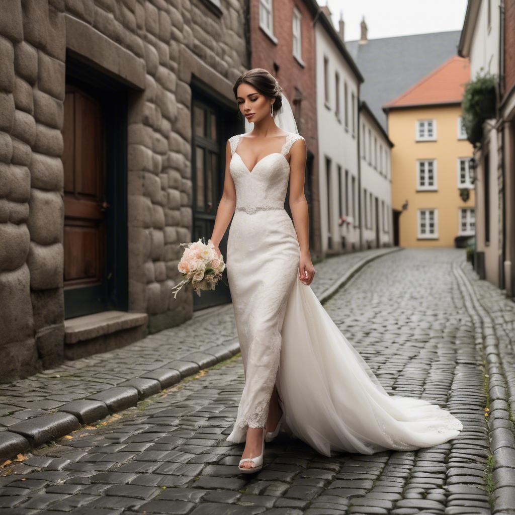 A stunning image of gorgeous bride walking down a cobblestone street.